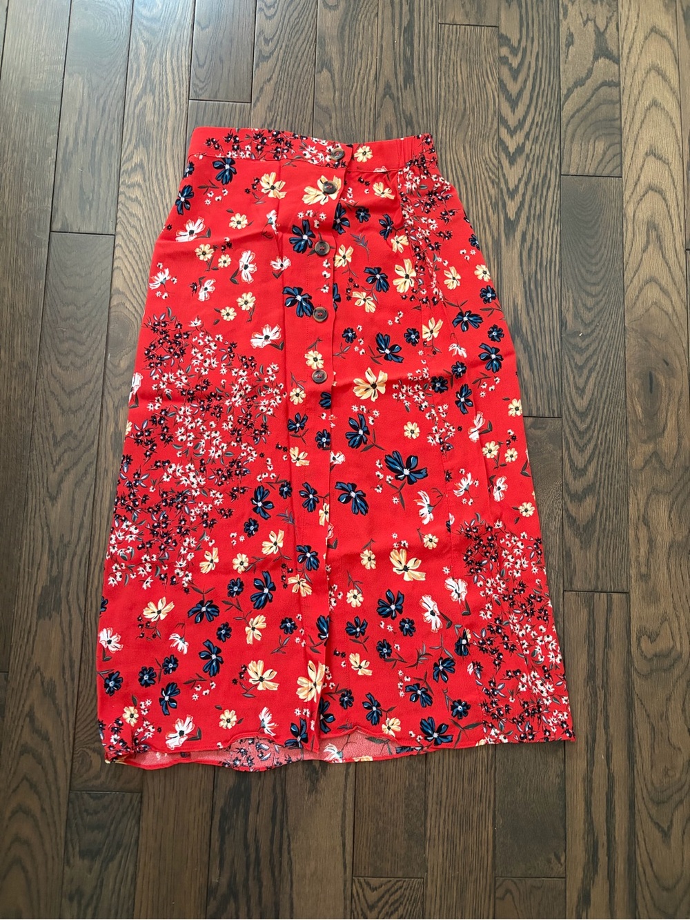 H&M Red Floral Button-Front Midi Skirt